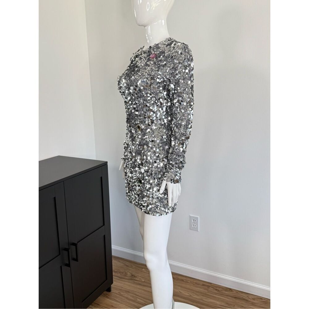 Cynthia Rowley Womens Sequin & Rhinestone Embellished Mini Dress Silver Sz 4 - Picture 6 of 12